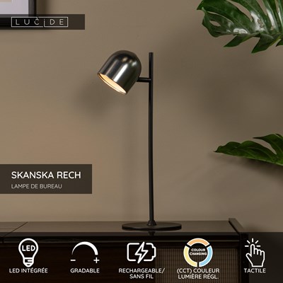 Lucide SKANSKA RECH - Lampe de bureau Rechargeable Intérieur/Extérieur - Batterie/Piles - LED Dim. - CCT - 1x3W 3000K/6000K - IP44 - Fer gris